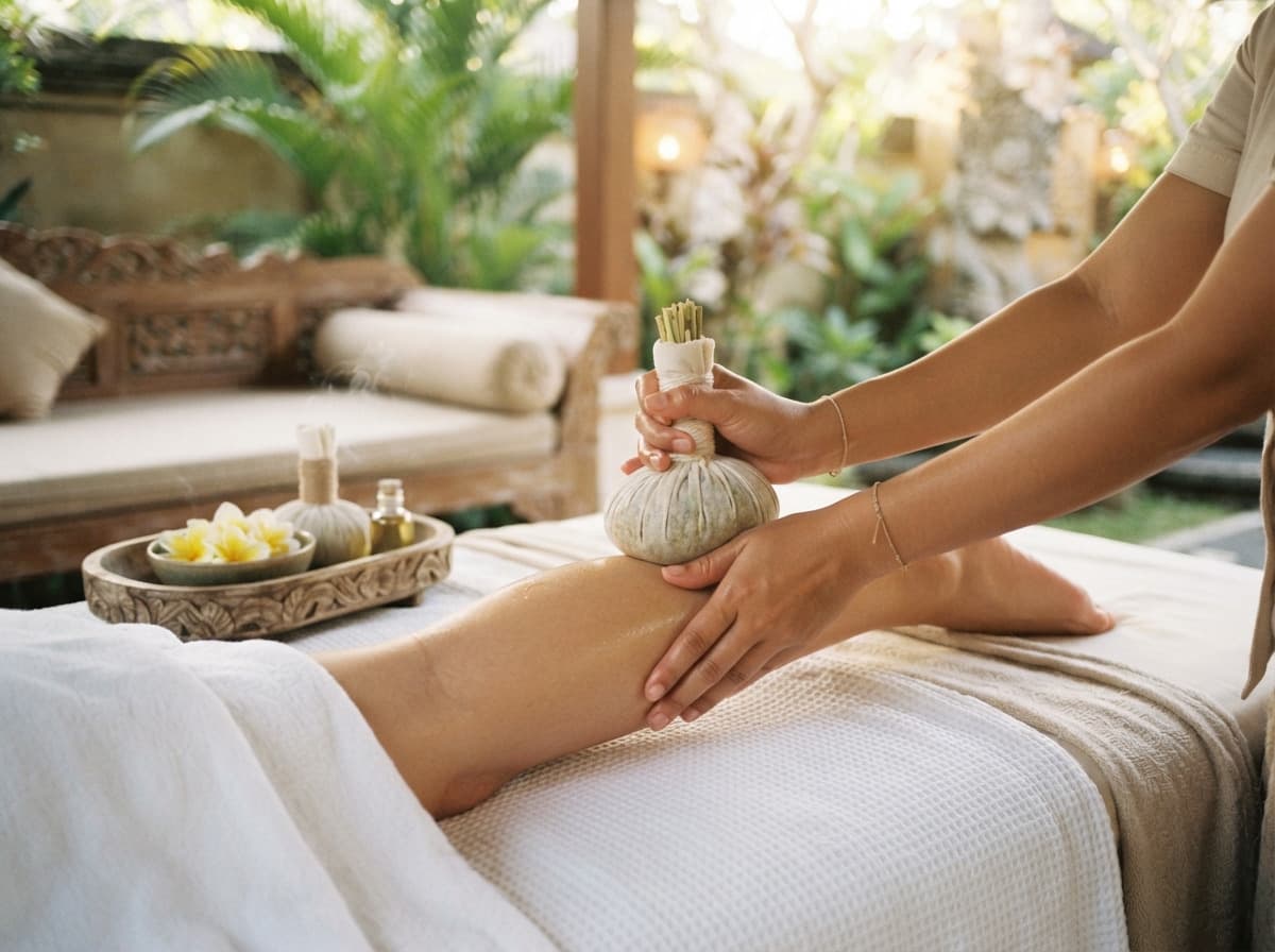 Herbal compress massage on a guest's leg