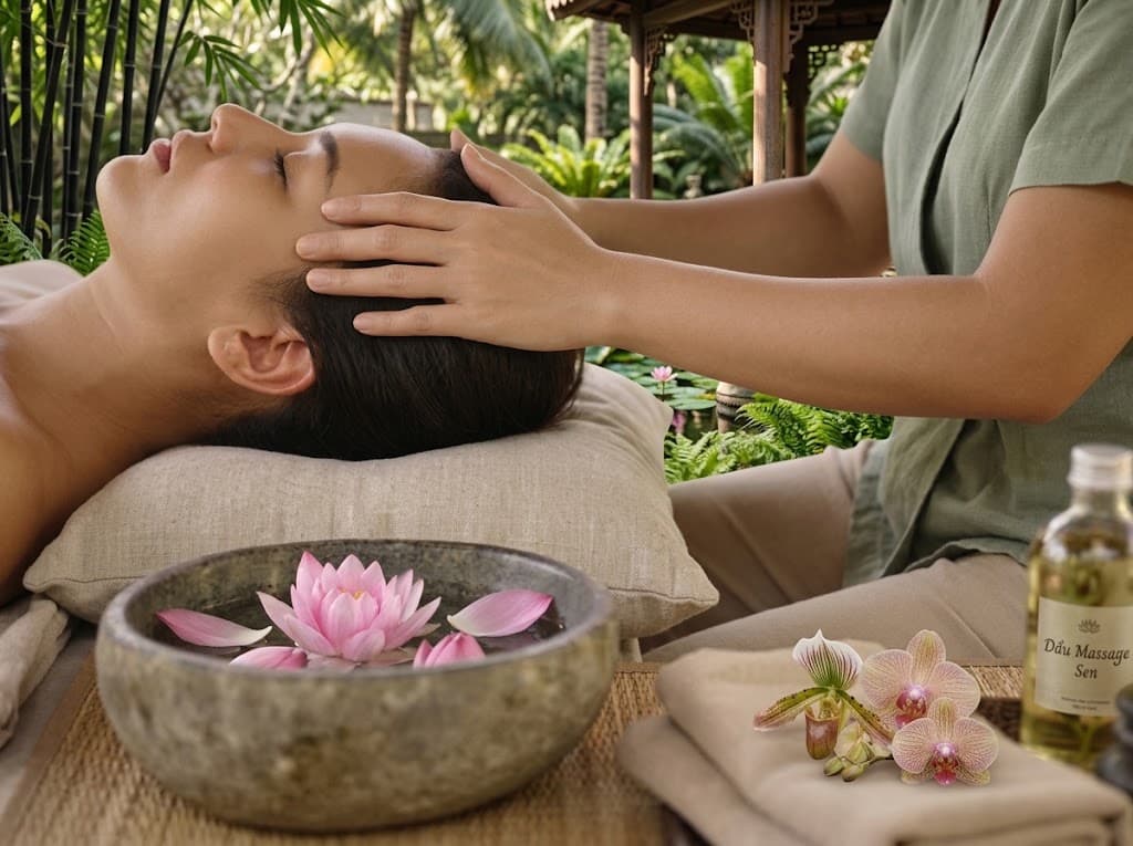Gentle head massage for a guest lying on a pillow