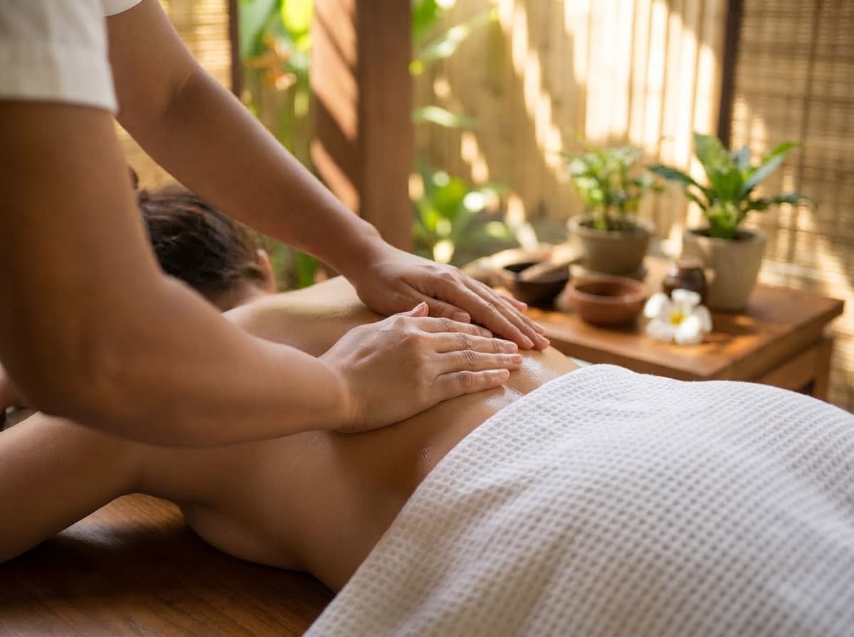 Therapist massaging a guest's shoulders under a towel